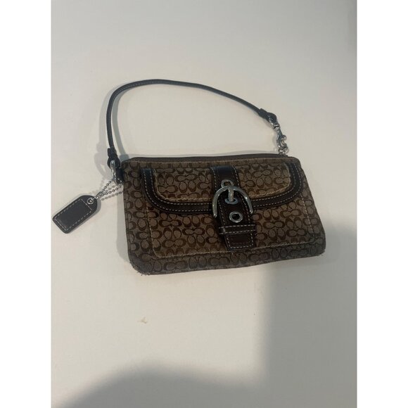 Coach Signature Brown Wristlet Clutch Purse With Leather Trim & Silver Buckle Ac - Picture 1 of 7